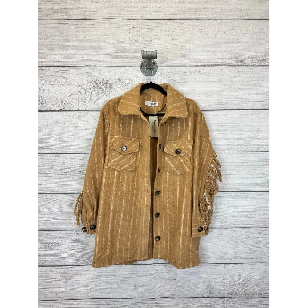 Impressions Women's Tan & Cream Fringe Back Button Up Shacket Size Small